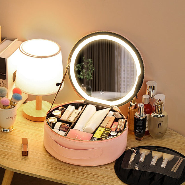 Trousse de Maquillage LED Intelligente Ronde avec Miroir Lumineux, Sac de Beauté Grande Capacité en Cuir PU pour Femmes, Organisateur de Voyage, Mallette à Cosmétiques Main Image