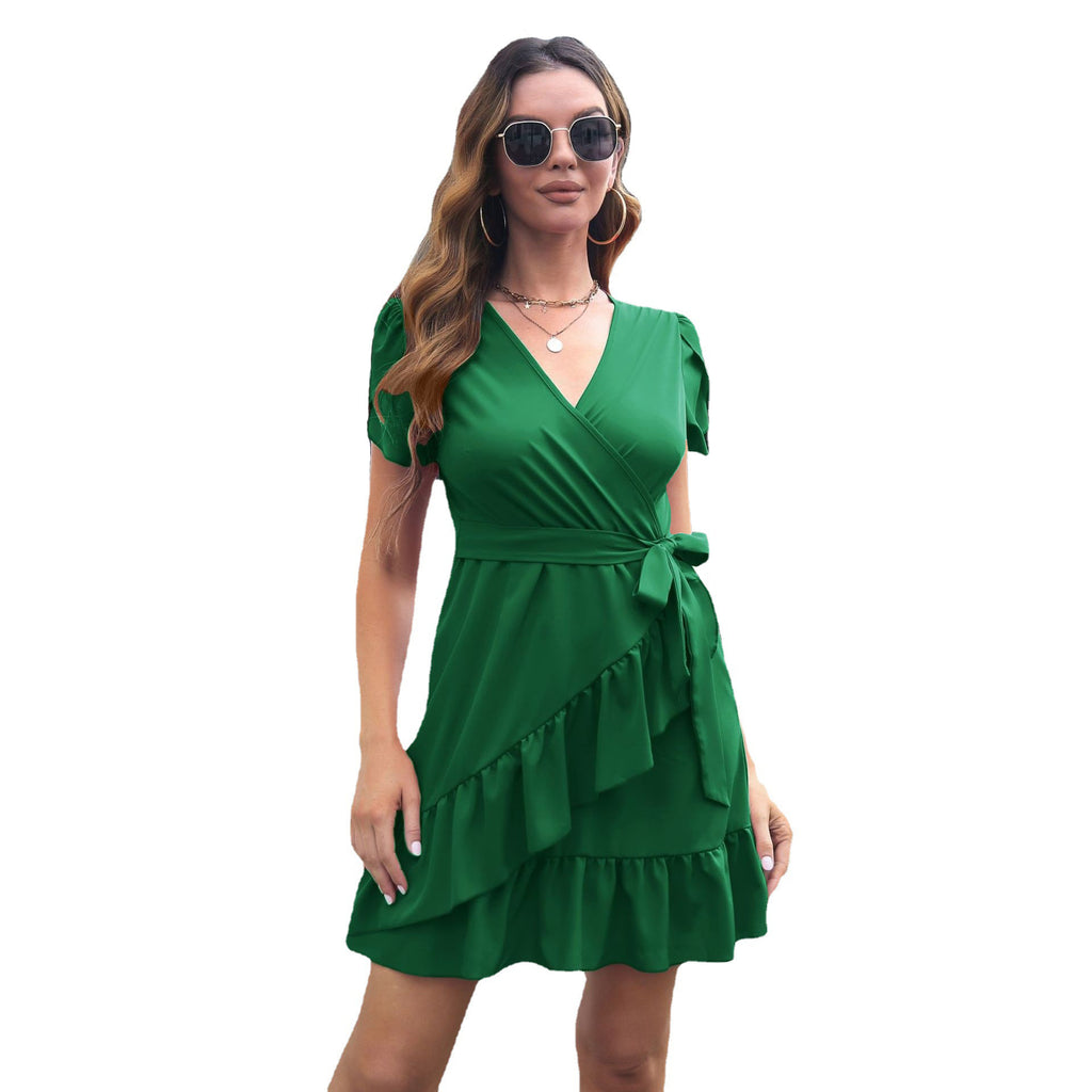 Robe femme à col V, manches pétales et jupe volantée