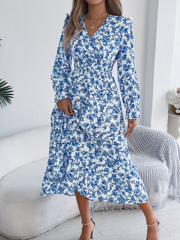 Robe longue élégante à col en V croisé avec motif floral, taille ajustée et ourlet à volants pour femme