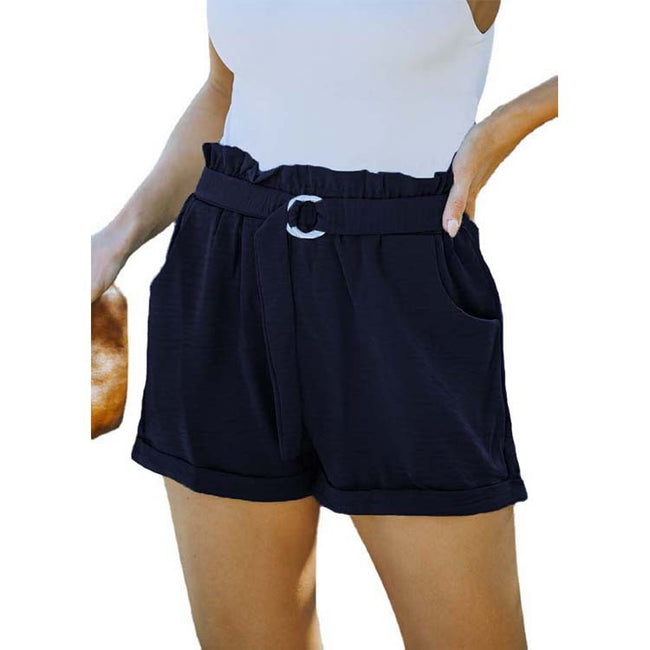 Short décontracté taille haute de couleur unie avec poches et lacets pour femme Main Image