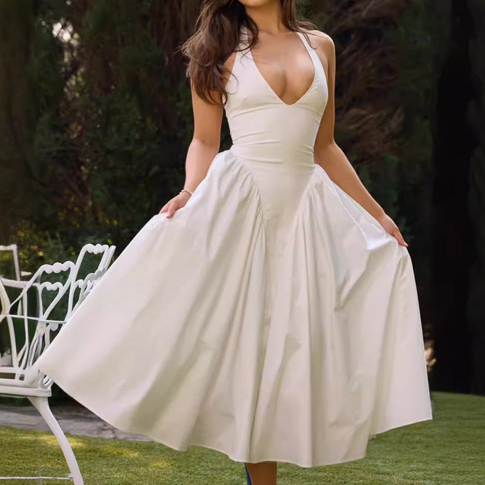Robe sans manches florale licou en V style Hepburn français