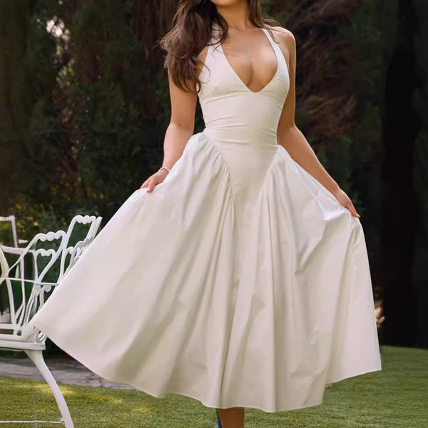 Robe sans manches florale licou en V style Hepburn français