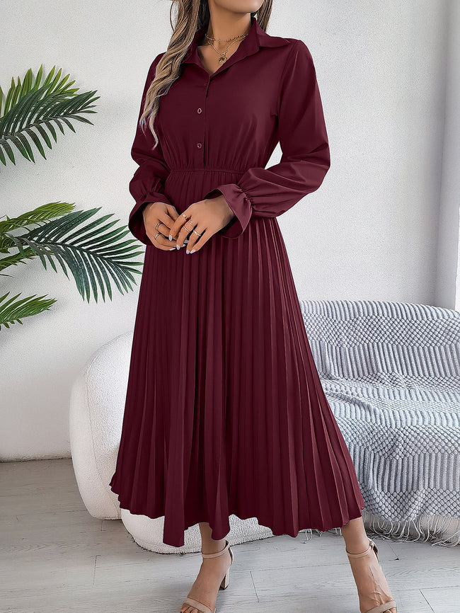 Robe longue décontractée à revers boutonnée à manches longues avec ceinture et plissée pour femme Main Image