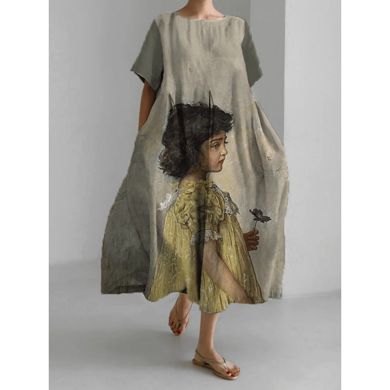 Robe Mode Courte Ample à Col Rond et Imprimé Fantaisie
