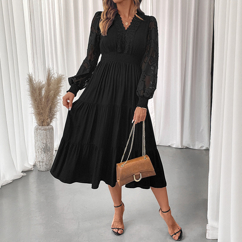 Robe Femme Chic et Élégante Col V Taille Serrée Dentelle Manches Longues Couleur Unie