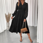 Robe Femme Chic et Élégante Col V Taille Serrée Dentelle Manches Longues Couleur Unie