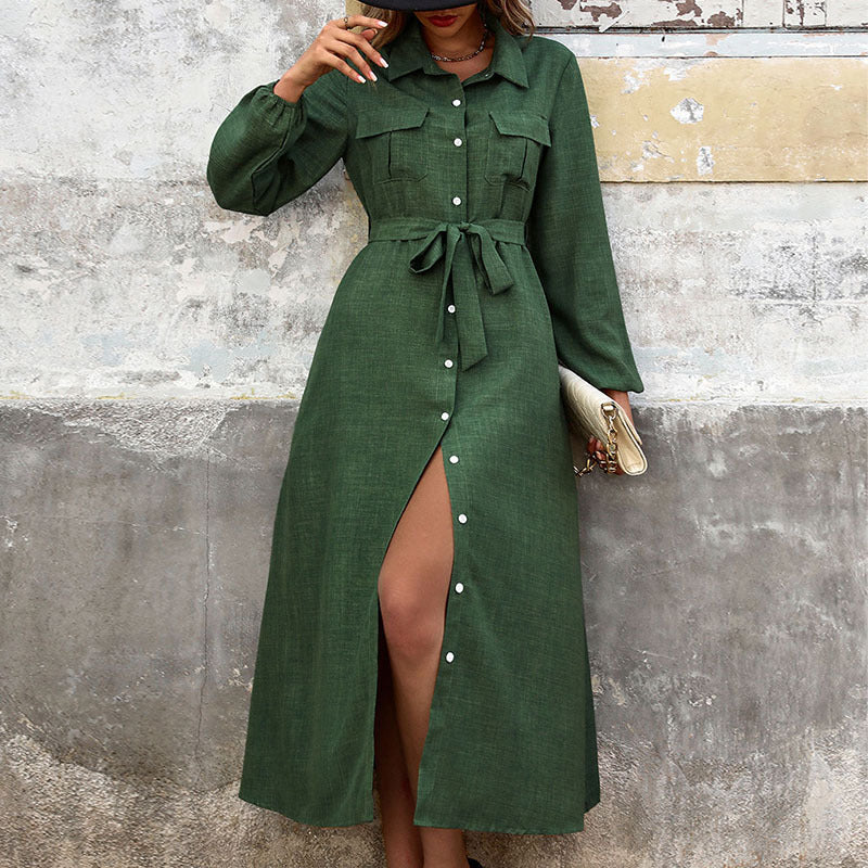 Nouvelle robe verte unie à manches longues et col rabattu pour femmes