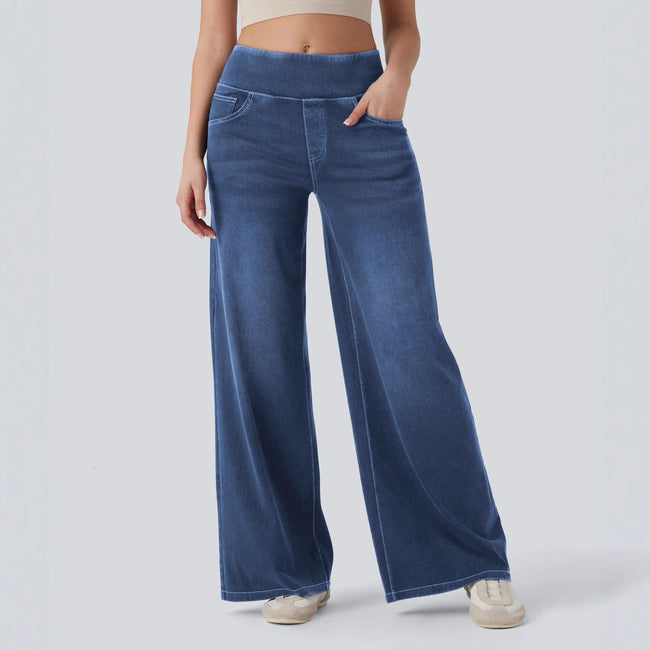 Jean ample et extensible à jambe large et taille haute pour femme Hover Image