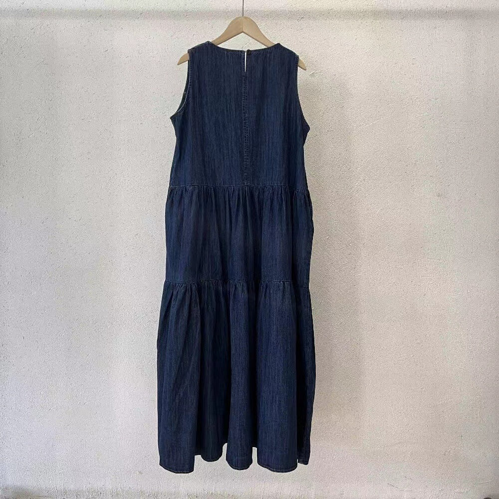 Robe mi-longue en jean sans manches pour femme