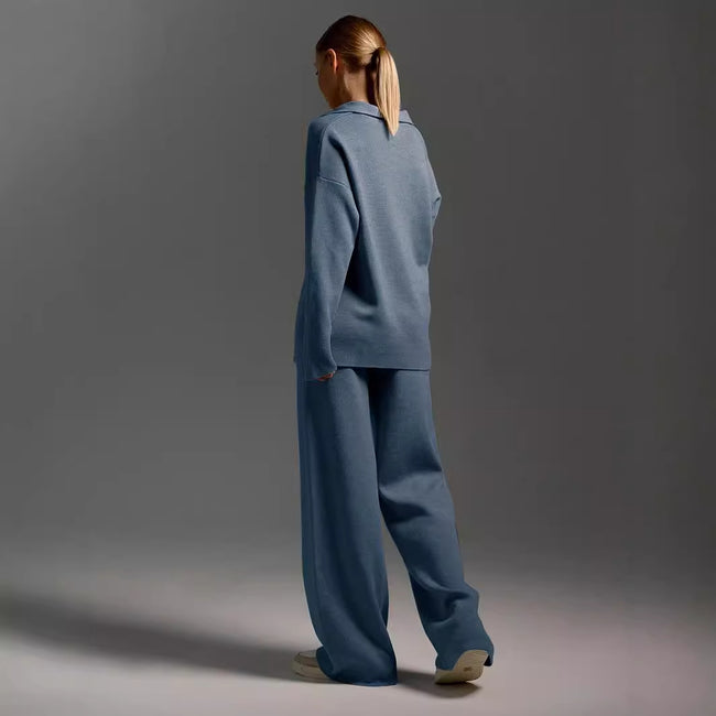 Ensemble de survêtement pour femme, décontracté, avec col, haut à manches longues et pantalon ample à jambes droites, ensemble de sport tendance Main Image
