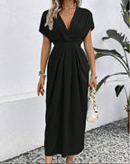 Robe longue unie à col en V profond, manches à épaules plissées et taille élastique