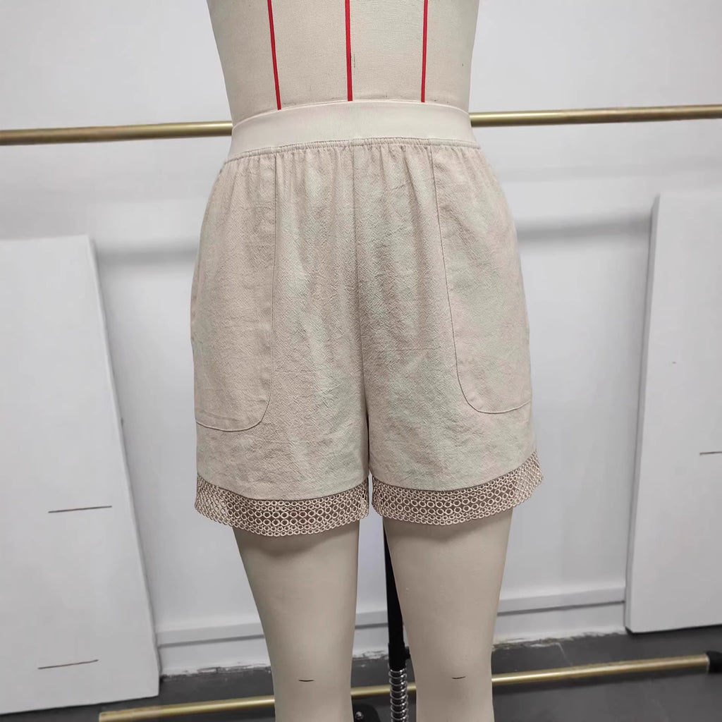 Shorts d'été pour femmes, style rétro, en coton et lin, creux, au crochet, avec dentelle, coupe artistique