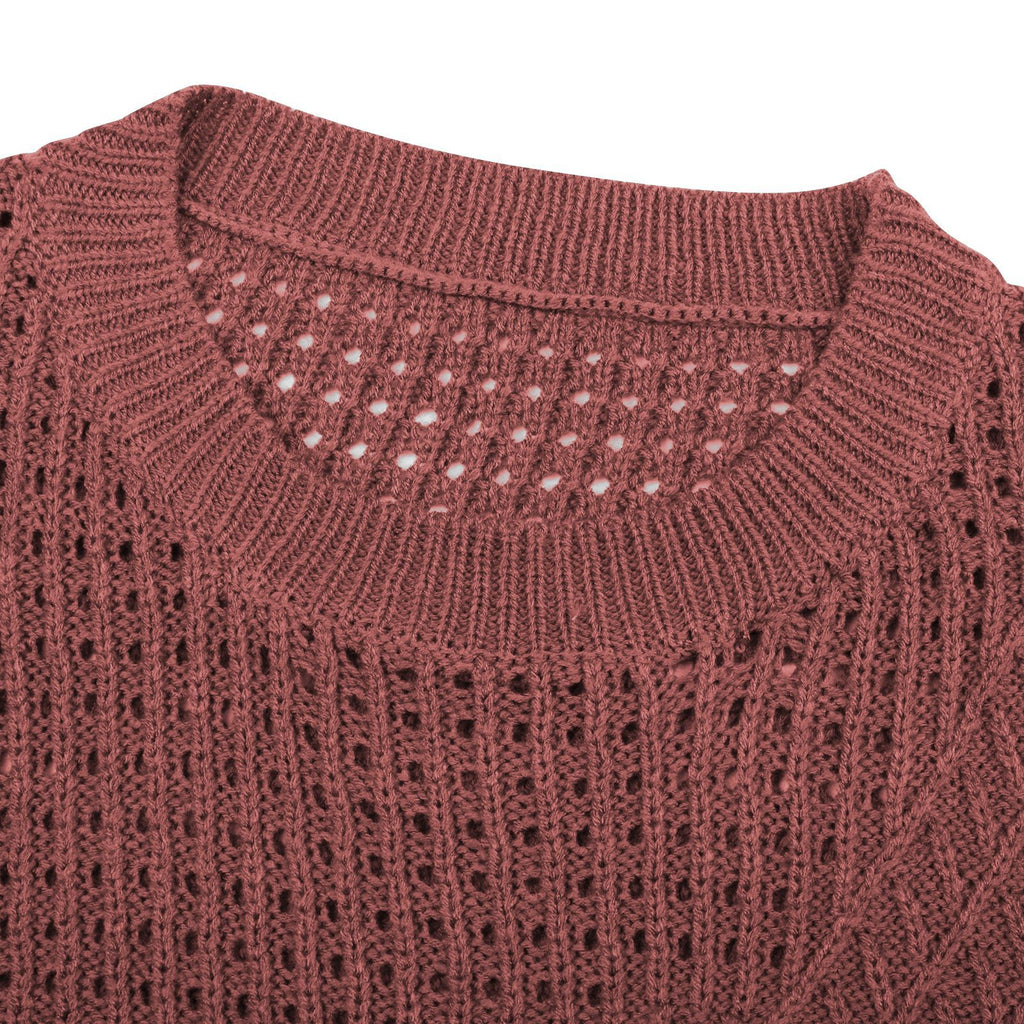 Pull ras du cou à manches longues ajouré en tricot pour femme, coupe ample, hiver