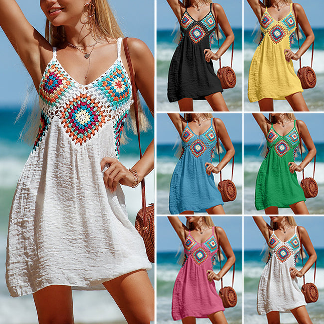 Robe d'été sans manches Bohème Couture Motif coloré Col en V Robe de plage ajourée Hover Image