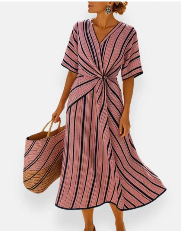 Robe Longue D'été Imprimée Rayures Décontractée Plage Vacances Manches Courtes Vêtements Femme