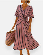 Robe Longue D'été Imprimée Rayures Décontractée Plage Vacances Manches Courtes Vêtements Femme