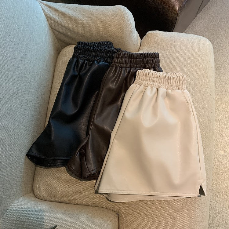 Short en similicuir taille haute pour femme, coupe ample, décontracté avec fente