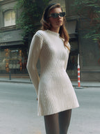 Robe Courte en Maille Ajustée à Manches Longues Couleur Unie pour Femme