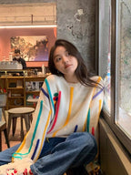 Pull Frangé Tricot Rayé Coloré Pour Femme