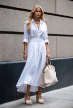 Robe longue femme à col en V et taille ajustée