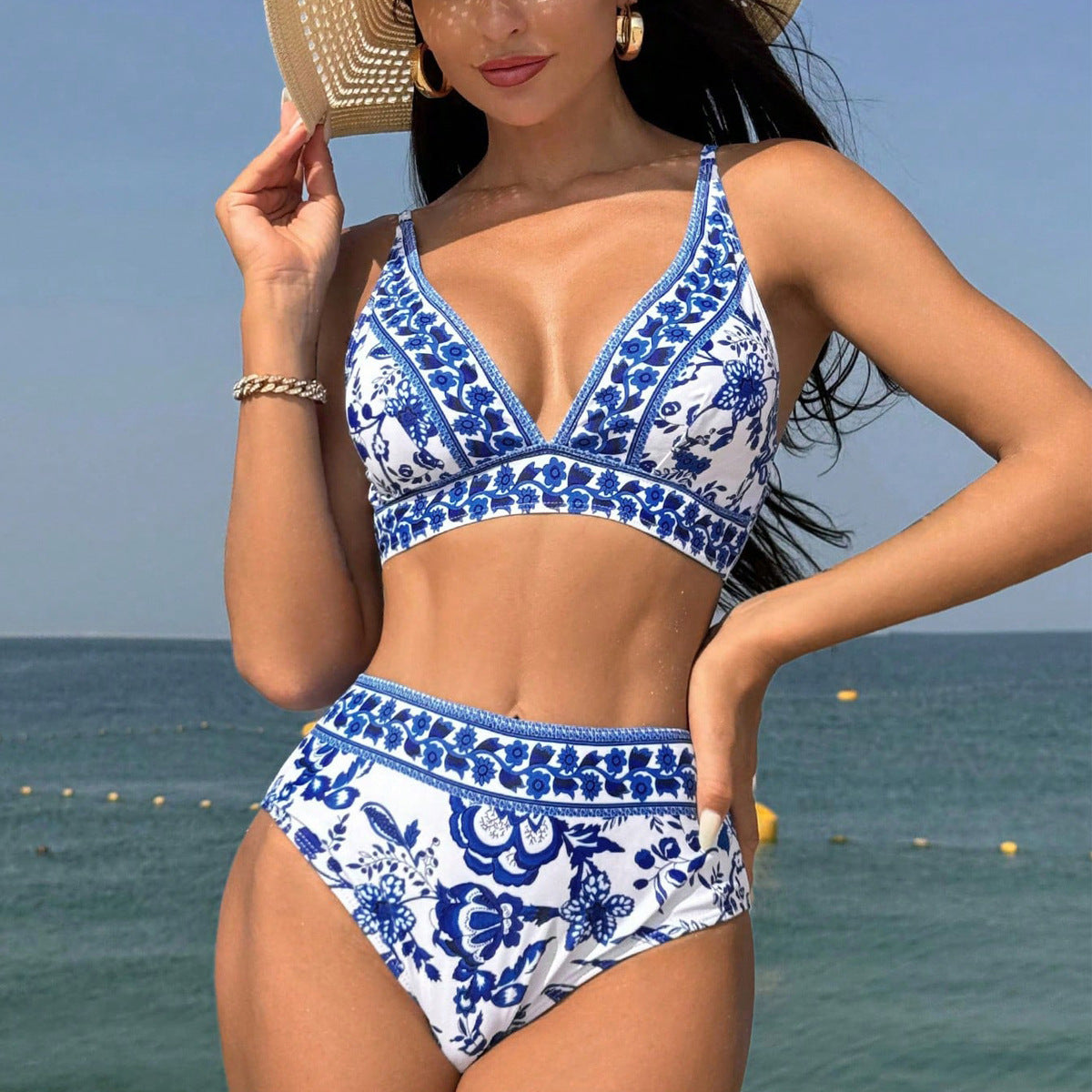 Maillot de bain deux pièces taille haute imprimé