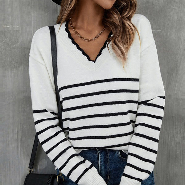 Autumn And Winter New V-neck Striped Sweater Sweater For Women Hover Image