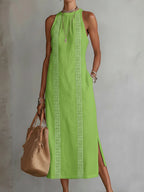 Robe d'été sans manches à col licou et patchwork de dentelle pour femme, style vacances