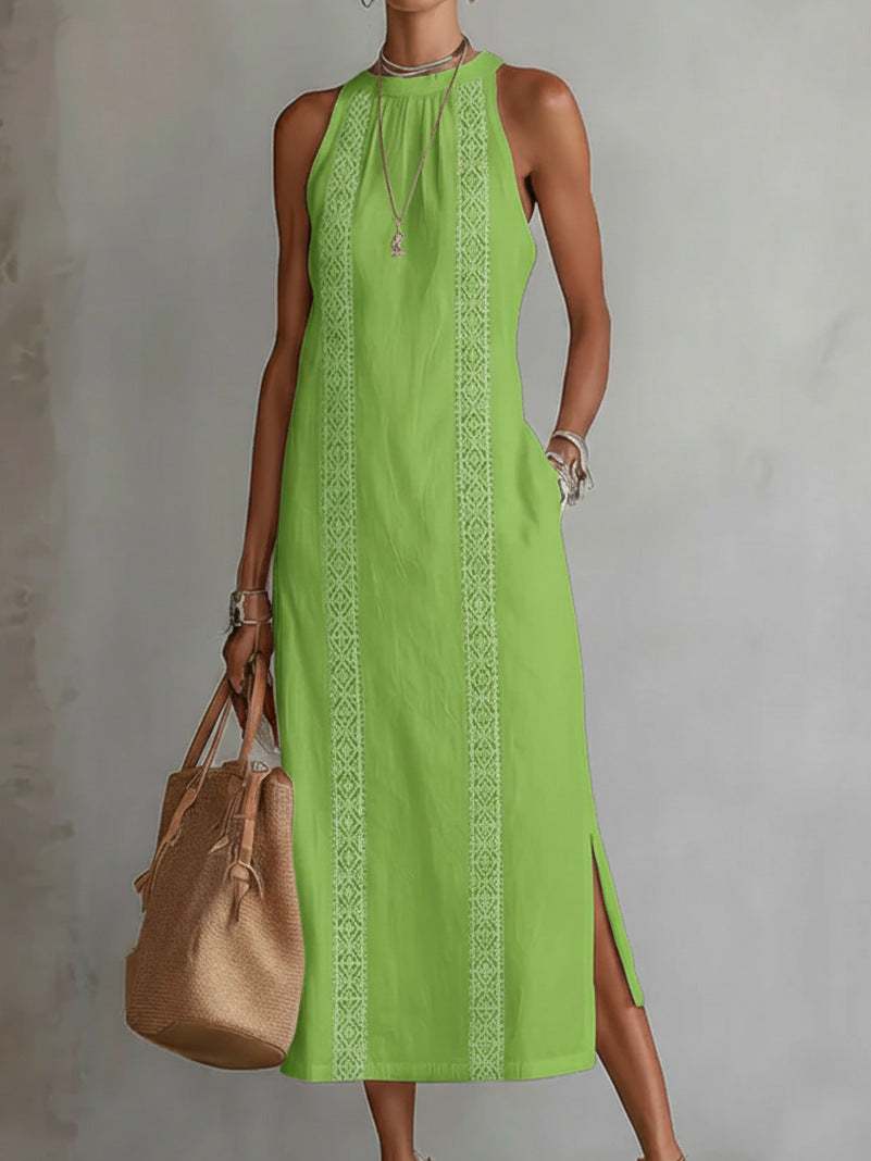 Robe d'été sans manches à col licou et patchwork de dentelle pour femme, style vacances