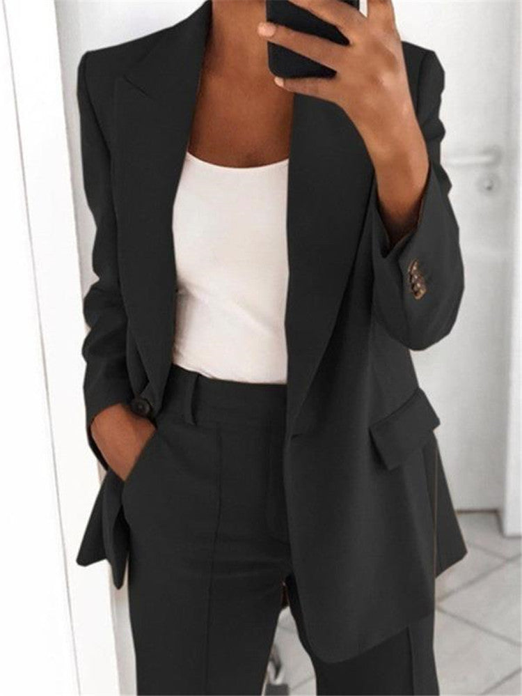 Vêtements pour femmes : Ensemble décontracté Ins avec blazer à revers, manches longues et pantalon slim à poches
