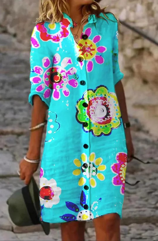 Robe en Coton et Lin à Motifs pour Femme
