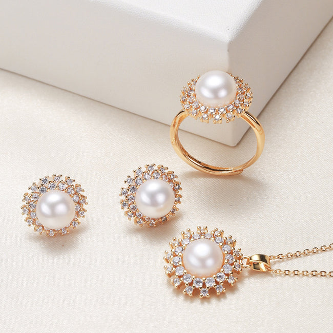 Pearl Necklace Ring Earings Set Main Image