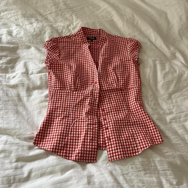 Chemise à carreaux rouge et blanche à manches courtes pour femme Main Image