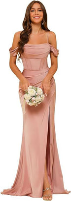 Robe de bal corset en satin épaules dénudées pour demoiselle d'honneur