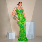 Robe de soirée sirène à bretelles et col en V brodée de sequins