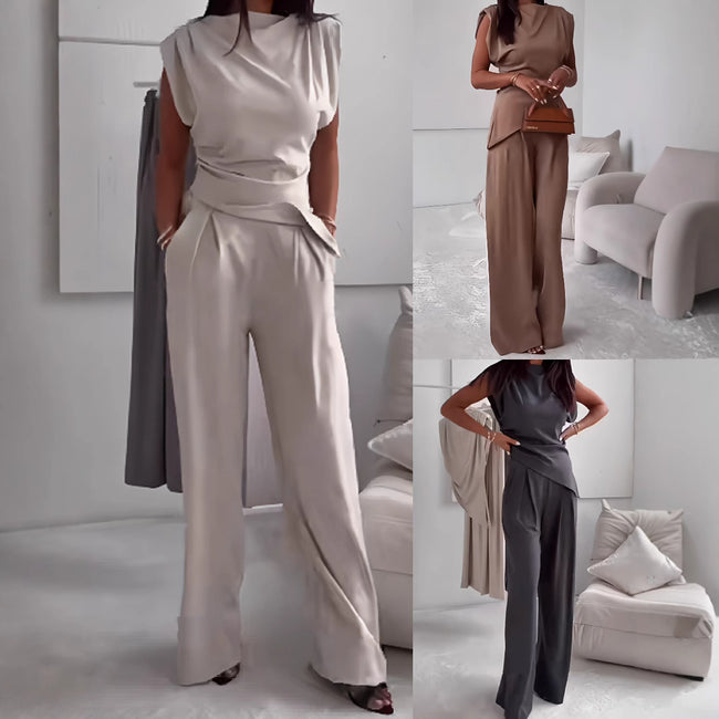 Ensemble pantalon et haut fendus irréguliers amincissants sans manches pour femme Hover Image