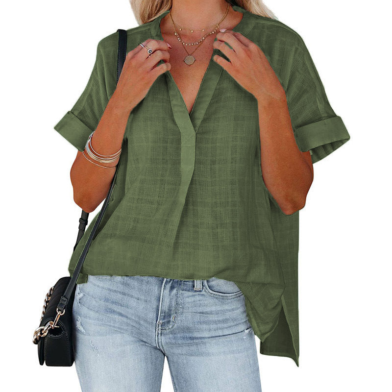Chemise d'été ample pour femme à manches courtes et col en V