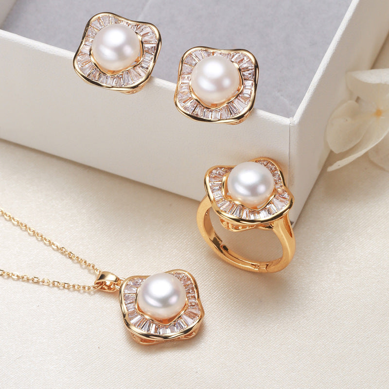 Parure Collier Bague Boucles d'Oreilles Perles