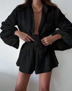European And American Cotton And Linen White Suit Women's Spring And Summer Long Sleeves Shorts Two-piece Set