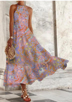 Robe longue confortable sans manches pour femme, à motif porcelaine bleue et blanche
