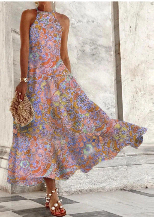 Robe longue confortable sans manches pour femme, à motif porcelaine bleue et blanche