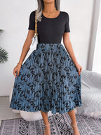 Femmes Robe midi plissée taille haute imprimé feuilles décontractée