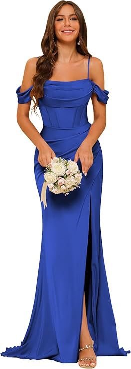 Robe de bal corset en satin épaules dénudées pour demoiselle d'honneur