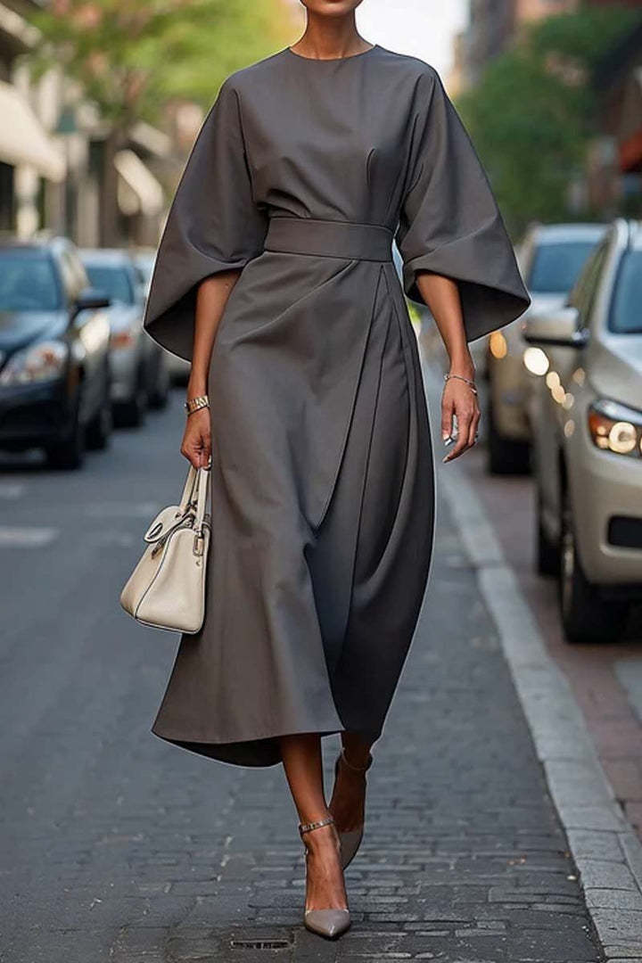 Robe Ample à Manches Chauve-souris, Taille Cintrée, Couleur Unie, Robes Élégantes pour Femme