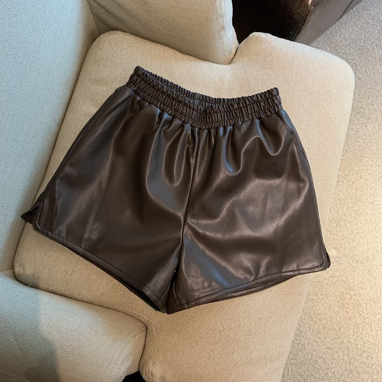 Short en similicuir taille haute pour femme, coupe ample, décontracté avec fente