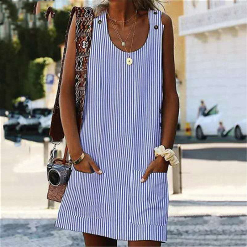 Robe d'été décontractée et amincissante pour femme, coupe droite, col U sans manches, rayures et patchwork, poches et boutons dans le dos