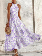 Robe longue confortable sans manches pour femme, à motif porcelaine bleue et blanche