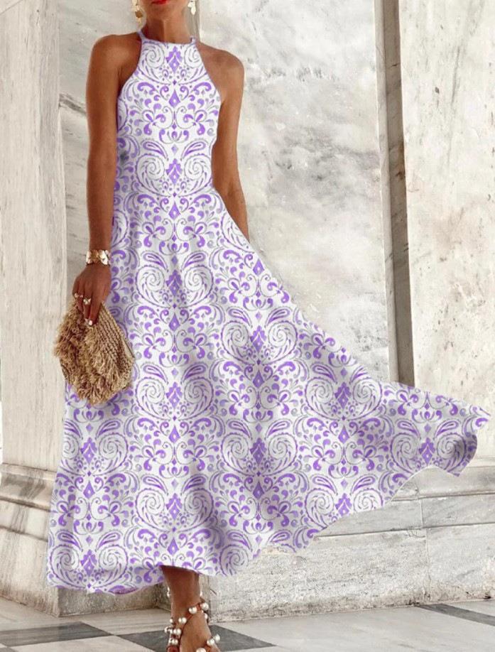 Robe longue confortable sans manches pour femme, à motif porcelaine bleue et blanche