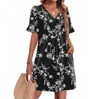 Robe élégante à col en V à volants pour femme avec poches