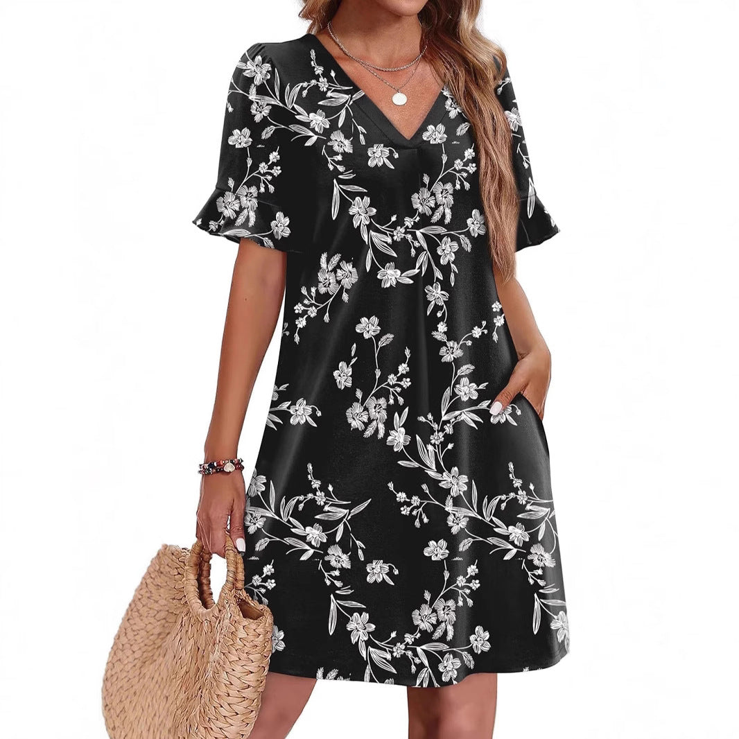 Robe élégante à col en V à volants pour femme avec poches