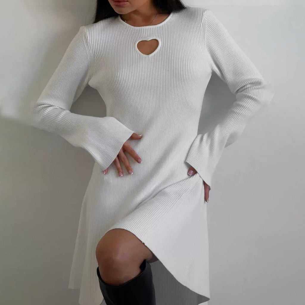 Robe Femme Col Rond Imprimé Coeur Évidé Taille Serrée